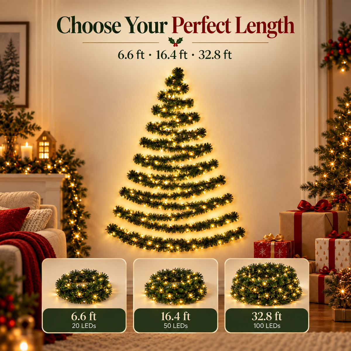 🎄 Flexible Christmas Wall Tree Garland Lights – Space-Saving Warm LED Pine Decor ✨