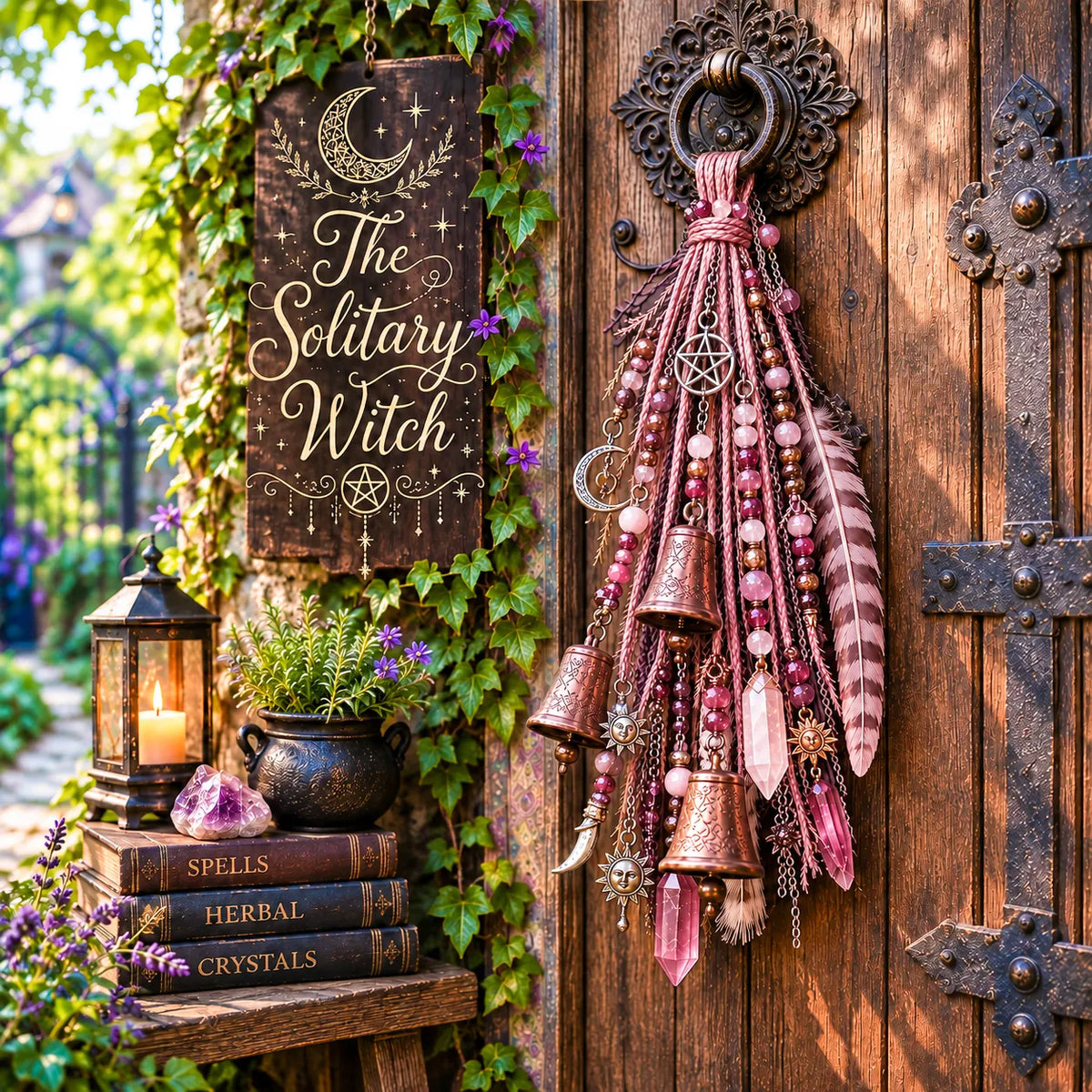 🌙 Witchy Door Charm | Celestial Hanging Décor with Moons, Crystals, Beads, Feathers & Vintage Bells for Doors, Reading Nooks & Witchy Home Spaces 🔮