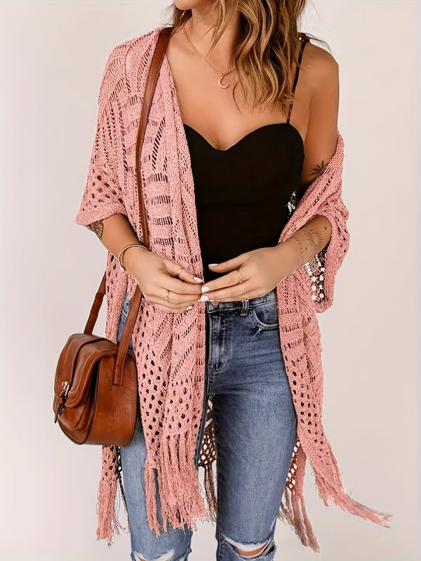 ☀️ Summer Crochet Cardigan - Oversized Open Front Kimono Sweater with Tassel ✨