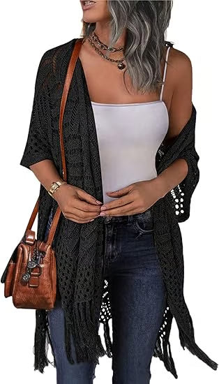 ☀️ Summer Crochet Cardigan - Oversized Open Front Kimono Sweater with Tassel ✨