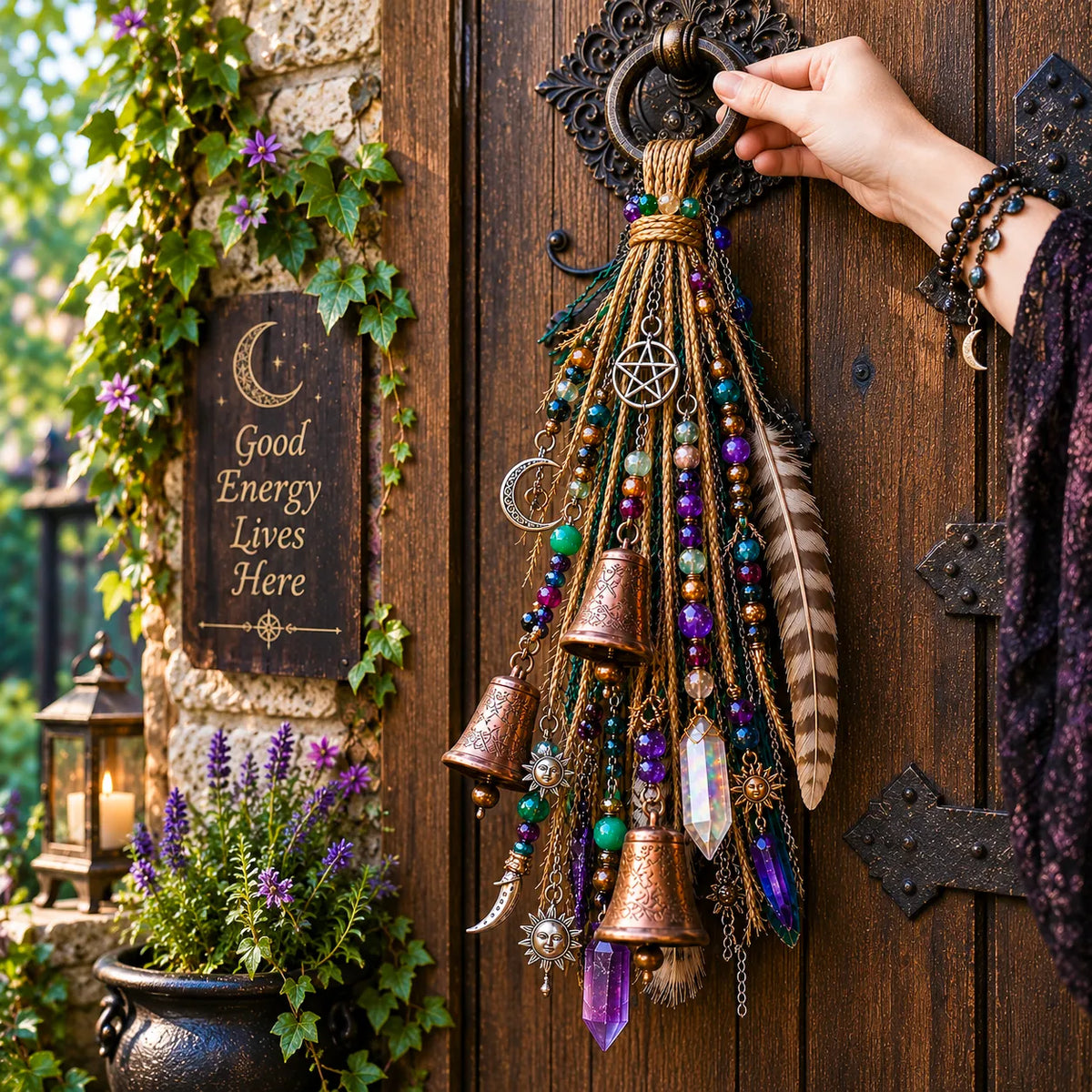 🌙 Witchy Door Charm | Celestial Hanging Décor with Moons, Crystals, Beads, Feathers & Vintage Bells for Doors, Reading Nooks & Witchy Home Spaces 🔮