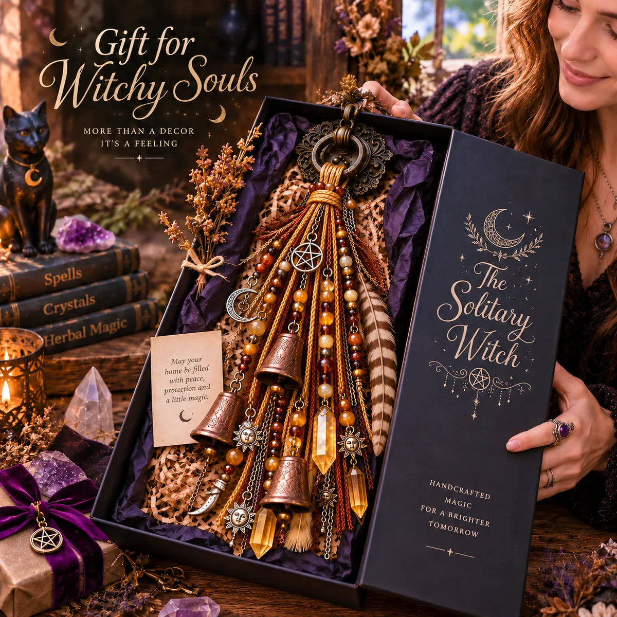 🌙 Witchy Door Charm | Celestial Hanging Décor with Moons, Crystals, Beads, Feathers & Vintage Bells for Doors, Reading Nooks & Witchy Home Spaces 🔮