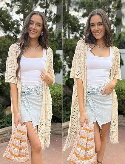 ☀️ Summer Crochet Cardigan - Oversized Open Front Kimono Sweater with Tassel ✨