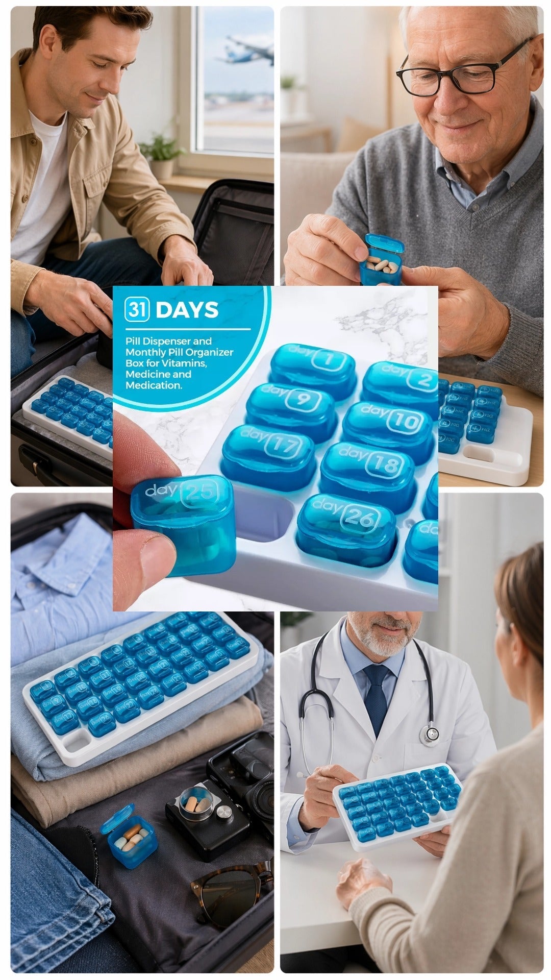 🔥Last Day 69% OFF -💊Monthly Pill Organizer with Lid - Arthritis-Friendly Easy-Open Lids 31 Removable Daily Pill Pods Date Reminder & Travel Case for Vitamins & Medications