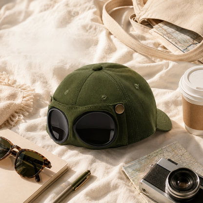 🧢 Two‑Style Pilot Cap with Built‑in Foldable Goggles