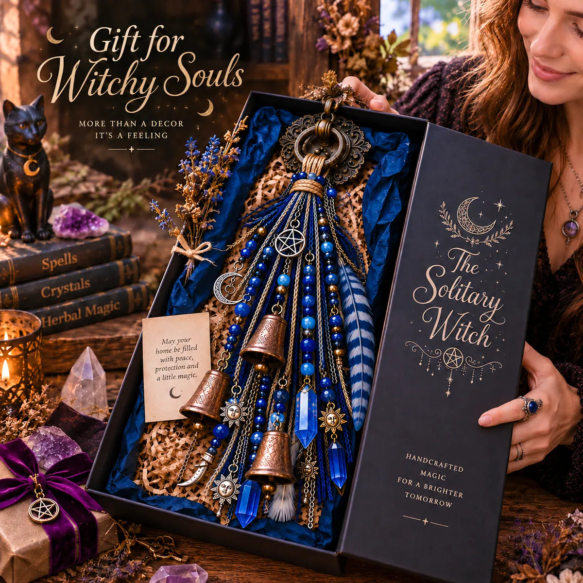 🌙 Witchy Door Charm | Celestial Hanging Décor with Moons, Crystals, Beads, Feathers & Vintage Bells for Doors, Reading Nooks & Witchy Home Spaces 🔮