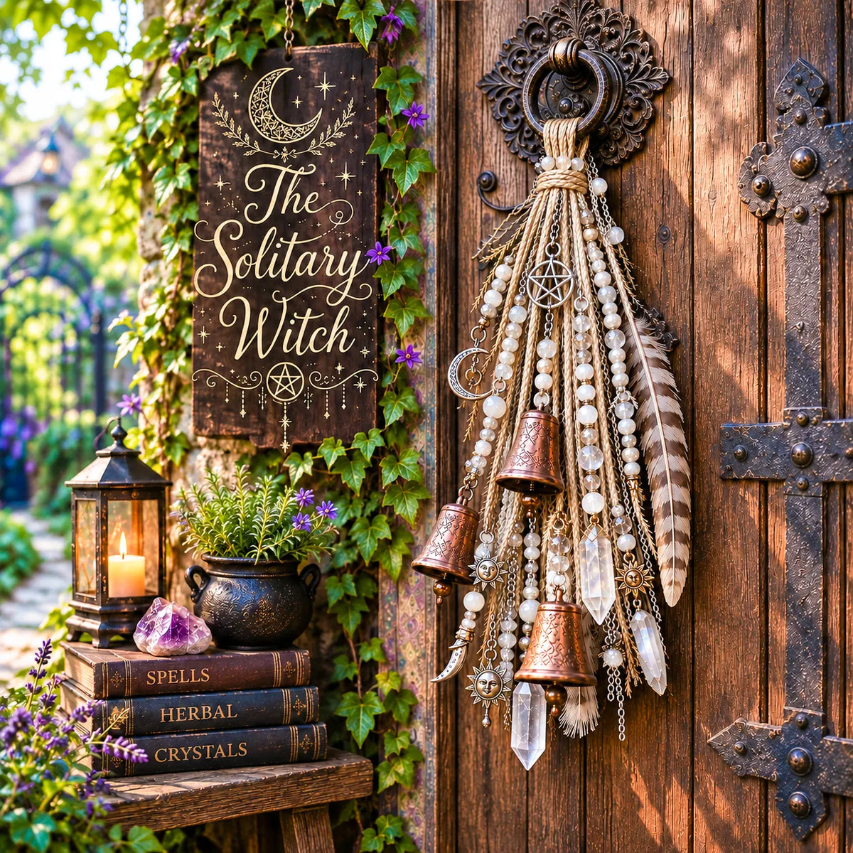 🌙 Witchy Door Charm | Celestial Hanging Décor with Moons, Crystals, Beads, Feathers & Vintage Bells for Doors, Reading Nooks & Witchy Home Spaces 🔮