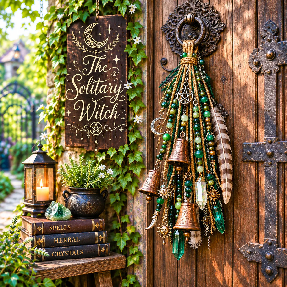 🌙 Witchy Door Charm | Celestial Hanging Décor with Moons, Crystals, Beads, Feathers & Vintage Bells for Doors, Reading Nooks & Witchy Home Spaces 🔮
