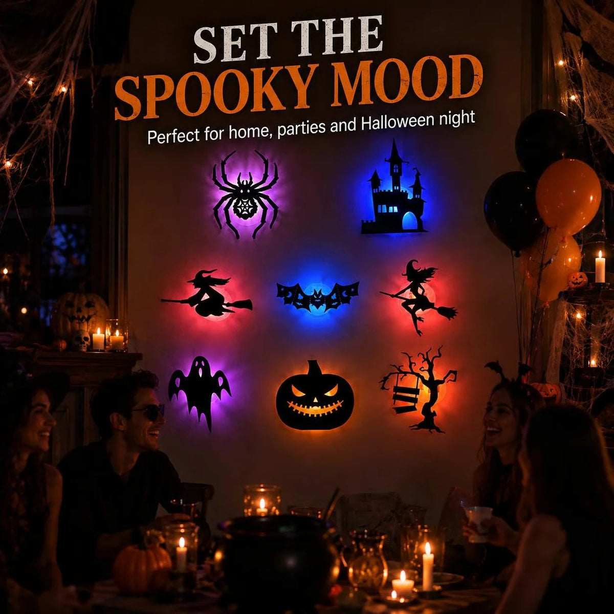🔥50% OFF - 🎃8 Pack Halloween LED Silhouette Wall Light Stickers, Battery Powered Peel & Stick Decor Lights