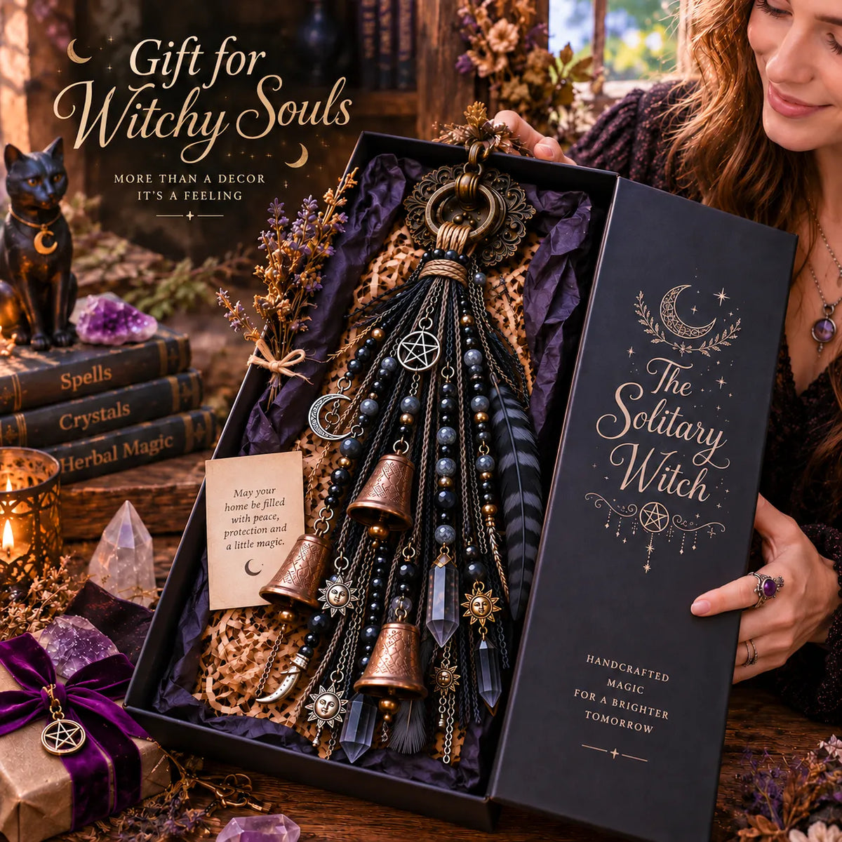 🌙 Witchy Door Charm | Celestial Hanging Décor with Moons, Crystals, Beads, Feathers & Vintage Bells for Doors, Reading Nooks & Witchy Home Spaces 🔮