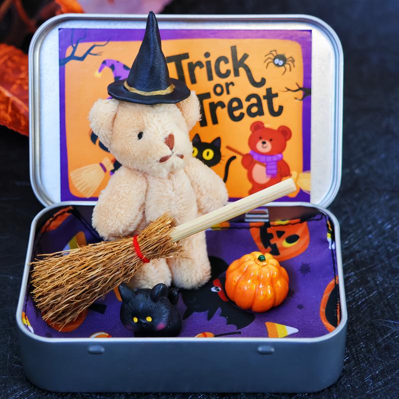 🎃🧸Cute Halloween Teddy Bear in a Box with Witcher Miniature, Blanket, Broom, Pumpkin & Cat🌟👻