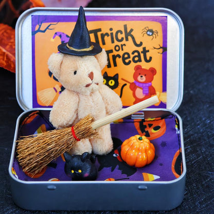 🎃🧸Cute Halloween Teddy Bear in a Box with Witcher Miniature, Blanket, Broom, Pumpkin & Cat🌟👻