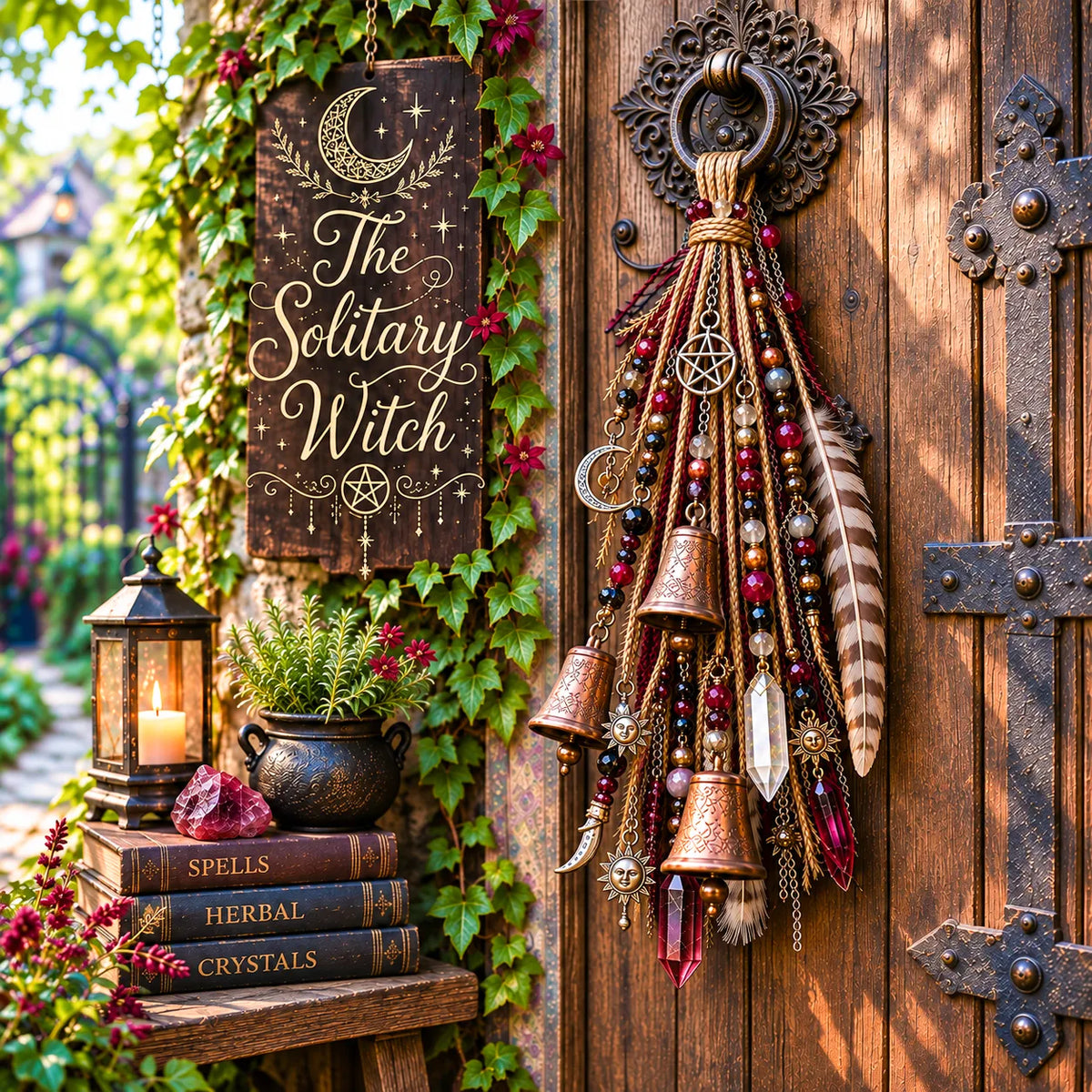 🌙 Witchy Door Charm | Celestial Hanging Décor with Moons, Crystals, Beads, Feathers & Vintage Bells for Doors, Reading Nooks & Witchy Home Spaces 🔮