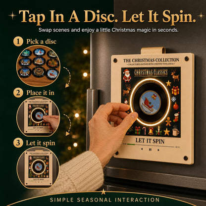 ✨Christmas Mini Vinyl Player 🎁 With 9 Swap‑able Festive Records, NFC Fridge Magnet, Rotating Light‑Up Vinyl, Compact Retro Christmas Home Decor Gift
