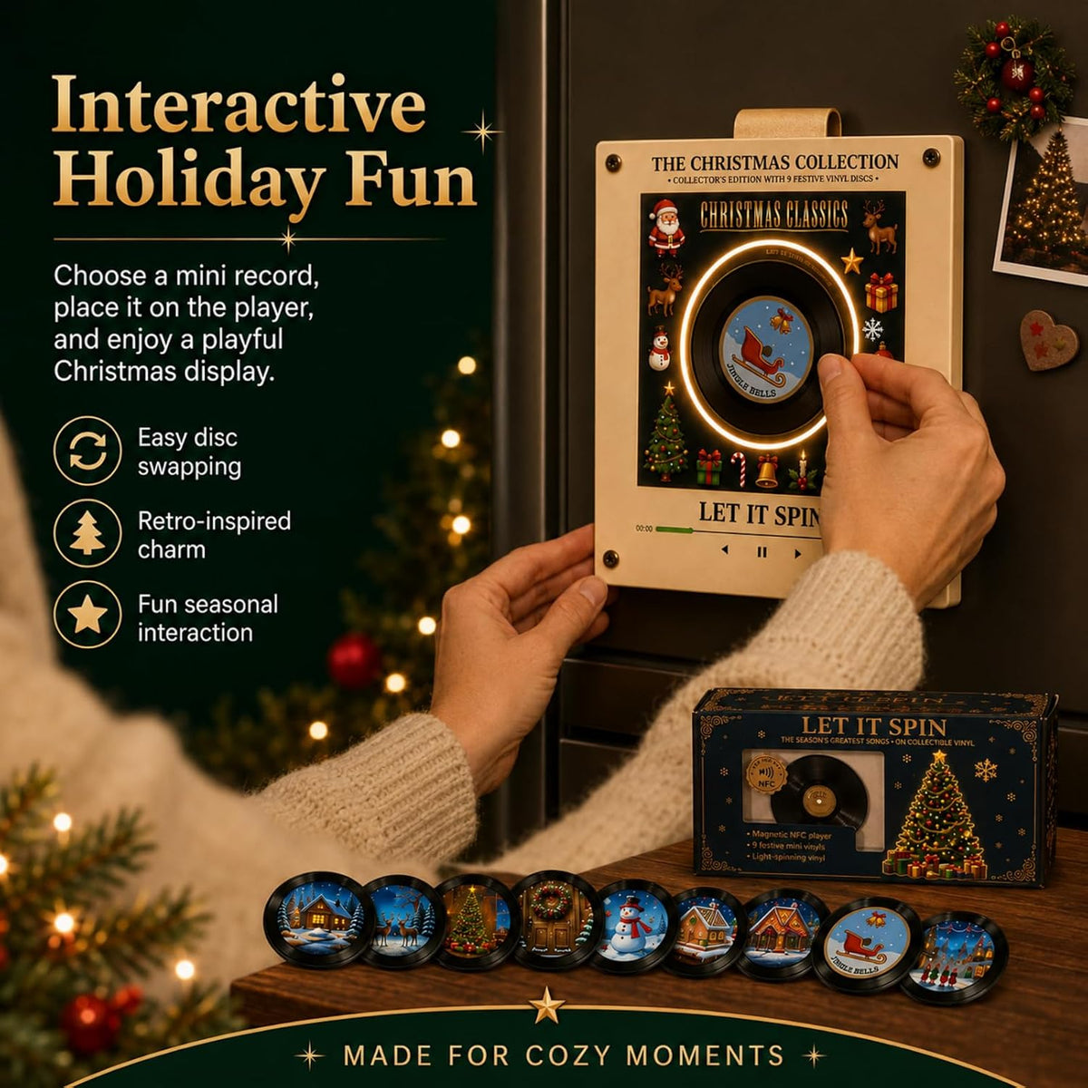 ✨Christmas Mini Vinyl Player 🎁 With 9 Swap‑able Festive Records, NFC Fridge Magnet, Rotating Light‑Up Vinyl, Compact Retro Christmas Home Decor Gift