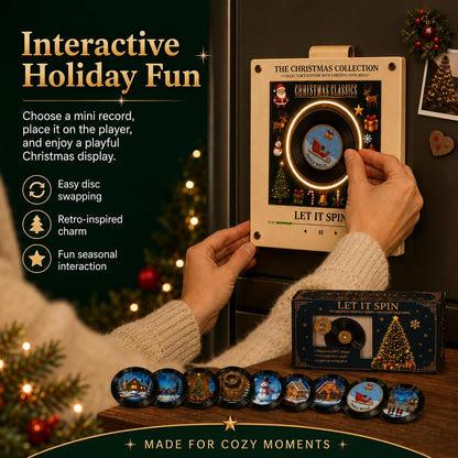 ✨Christmas Mini Vinyl Player 🎁 With 9 Swap‑able Festive Records, NFC Fridge Magnet, Rotating Light‑Up Vinyl, Compact Retro Christmas Home Decor Gift