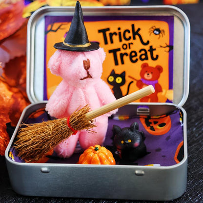 🎃🧸Cute Halloween Teddy Bear in a Box with Witcher Miniature, Blanket, Broom, Pumpkin & Cat🌟👻