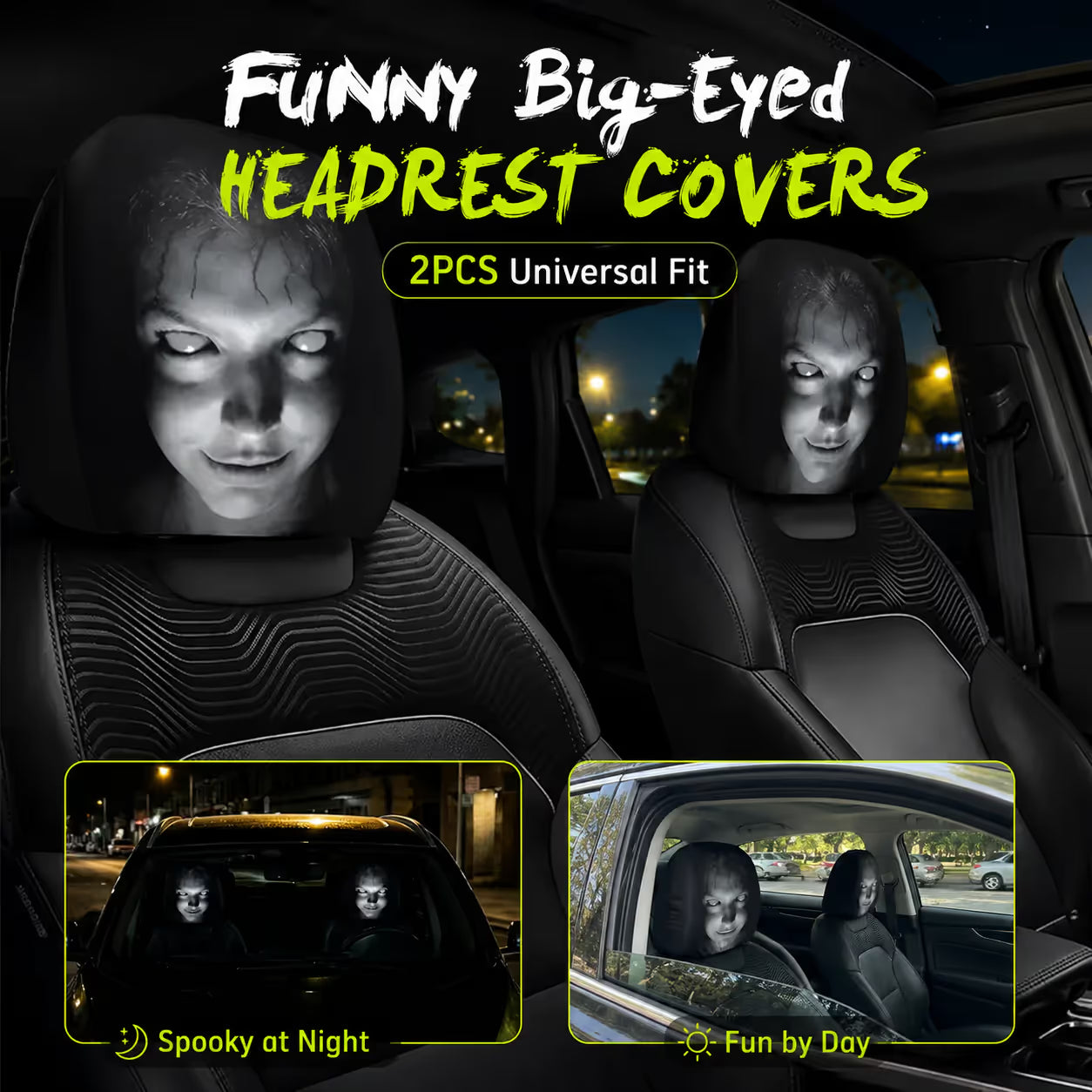 🔥😆 Funny Cartoon Car Headrest Covers – 2PCS Universal Fit 🚗