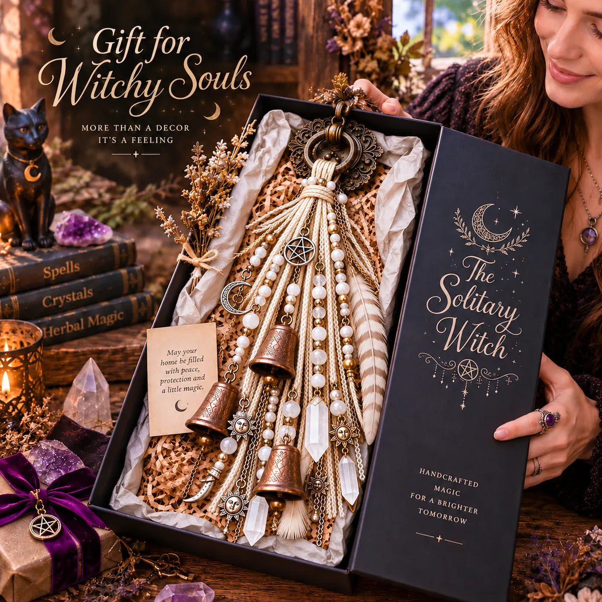 🌙 Witchy Door Charm | Celestial Hanging Décor with Moons, Crystals, Beads, Feathers & Vintage Bells for Doors, Reading Nooks & Witchy Home Spaces 🔮