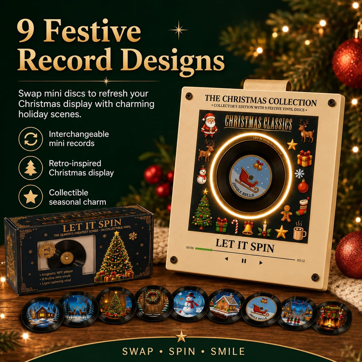 ✨Christmas Mini Vinyl Player 🎁 With 9 Swap‑able Festive Records, NFC Fridge Magnet, Rotating Light‑Up Vinyl, Compact Retro Christmas Home Decor Gift