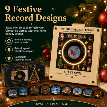 ✨Christmas Mini Vinyl Player 🎁 With 9 Swap‑able Festive Records, NFC Fridge Magnet, Rotating Light‑Up Vinyl, Compact Retro Christmas Home Decor Gift