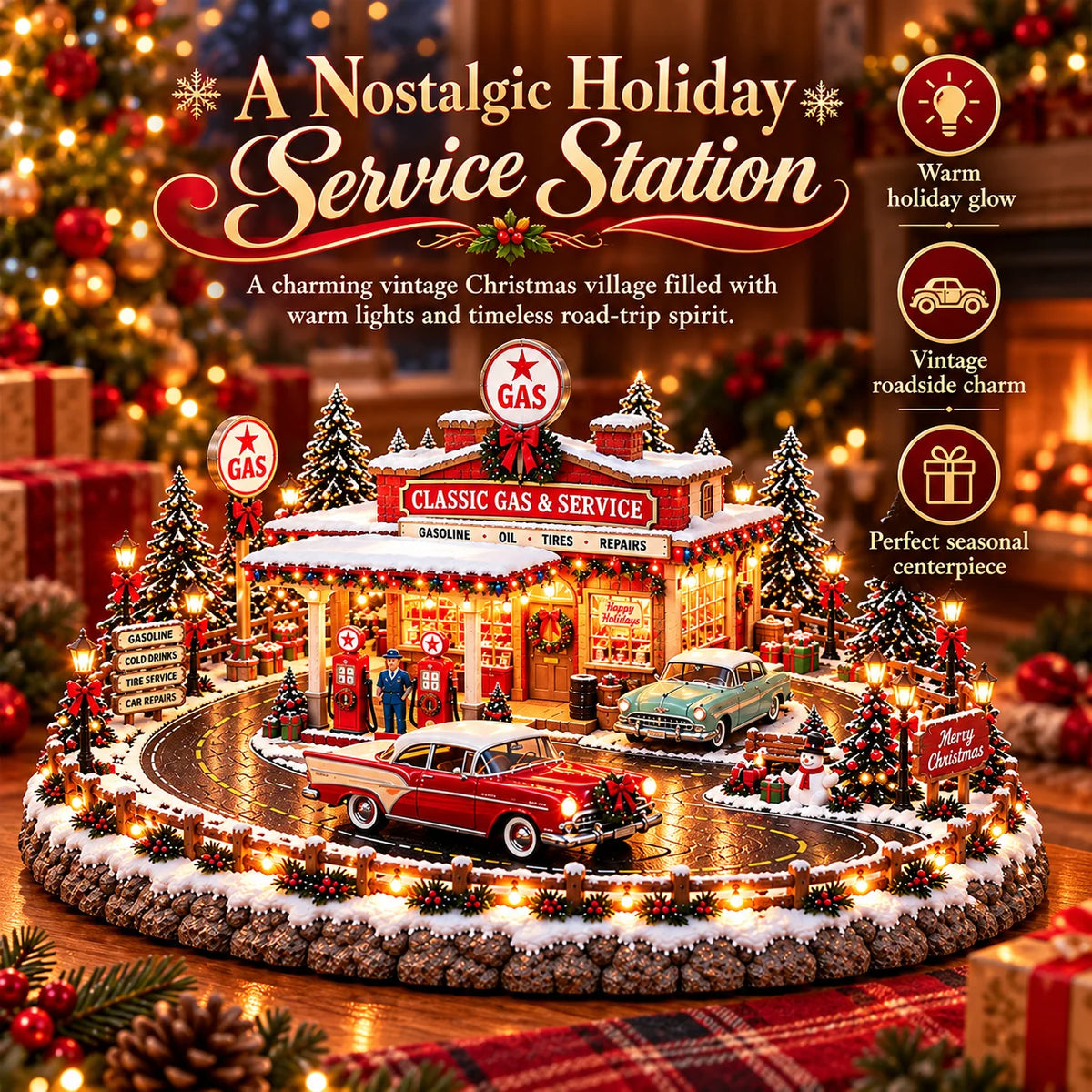 🔥Last Day 49% OFF🔥🚗🎄 Christmas Classic Gas Station Village™ – Lighted Vintage American Gas Station with Classic Cars