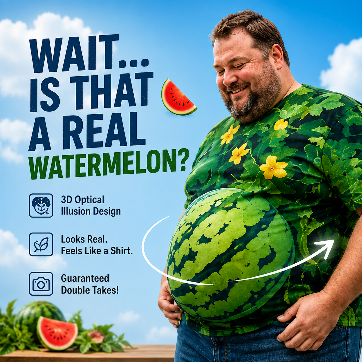 🍉 Funny 3D Watermelon Belly T-Shirt – Optical Illusion Summer Tee