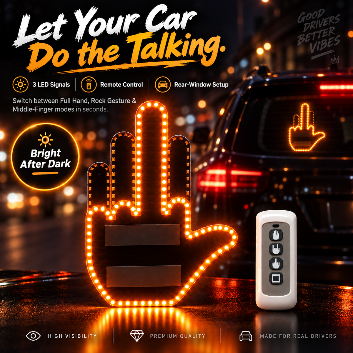 😂🤘 Rear Window LED Gesture Hand – Remote Controlled