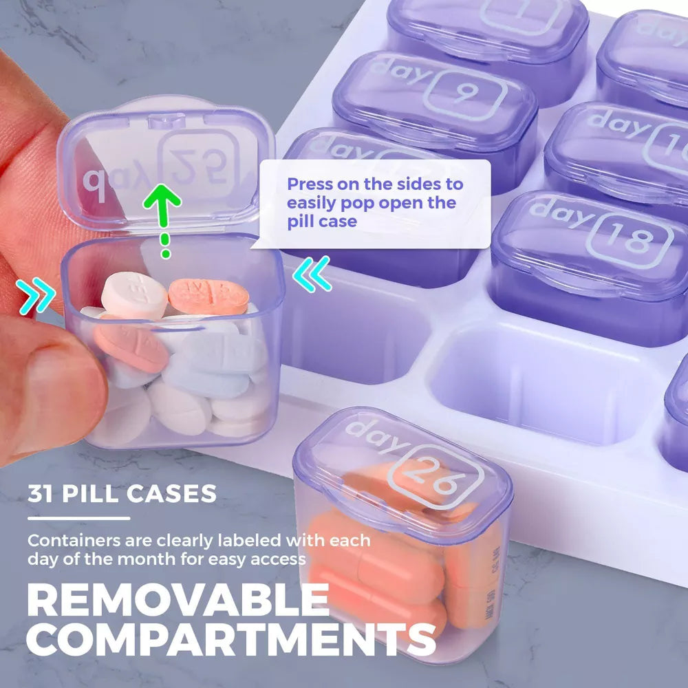 🔥Last Day 69% OFF -💊Monthly Pill Organizer with Lid - Arthritis-Friendly Easy-Open Lids 31 Removable Daily Pill Pods Date Reminder & Travel Case for Vitamins & Medications