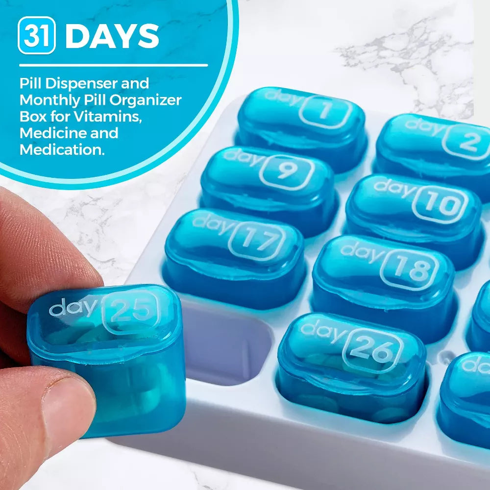 🔥Last Day 69% OFF -💊Monthly Pill Organizer with Lid - Arthritis-Friendly Easy-Open Lids 31 Removable Daily Pill Pods Date Reminder & Travel Case for Vitamins & Medications
