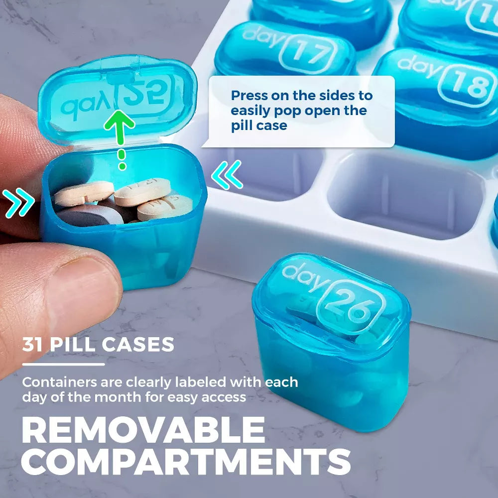 🔥Last Day 69% OFF -💊Monthly Pill Organizer with Lid - Arthritis-Friendly Easy-Open Lids 31 Removable Daily Pill Pods Date Reminder & Travel Case for Vitamins & Medications