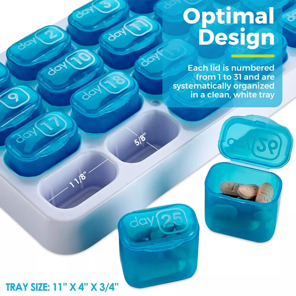 🔥Last Day 69% OFF -💊Monthly Pill Organizer with Lid - Arthritis-Friendly Easy-Open Lids 31 Removable Daily Pill Pods Date Reminder & Travel Case for Vitamins & Medications