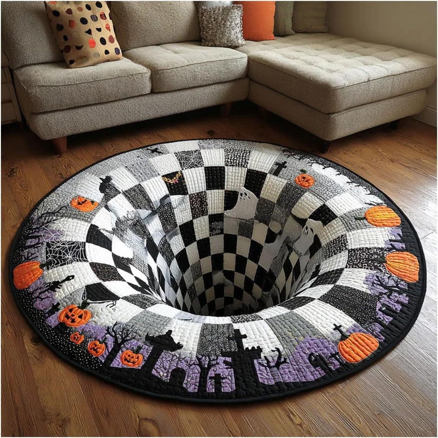 3D Skeleton Vortex Quilted Round Halloween Rug