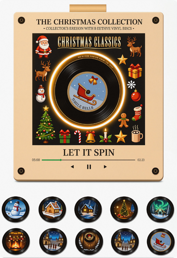 ✨Christmas Mini Vinyl Player 🎁 With 9 Swap‑able Festive Records, NFC Fridge Magnet, Rotating Light‑Up Vinyl, Compact Retro Christmas Home Decor Gift