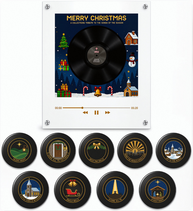 ✨Christmas Mini Vinyl Player 🎁 With 9 Swap‑able Festive Records, NFC Fridge Magnet, Rotating Light‑Up Vinyl, Compact Retro Christmas Home Decor Gift