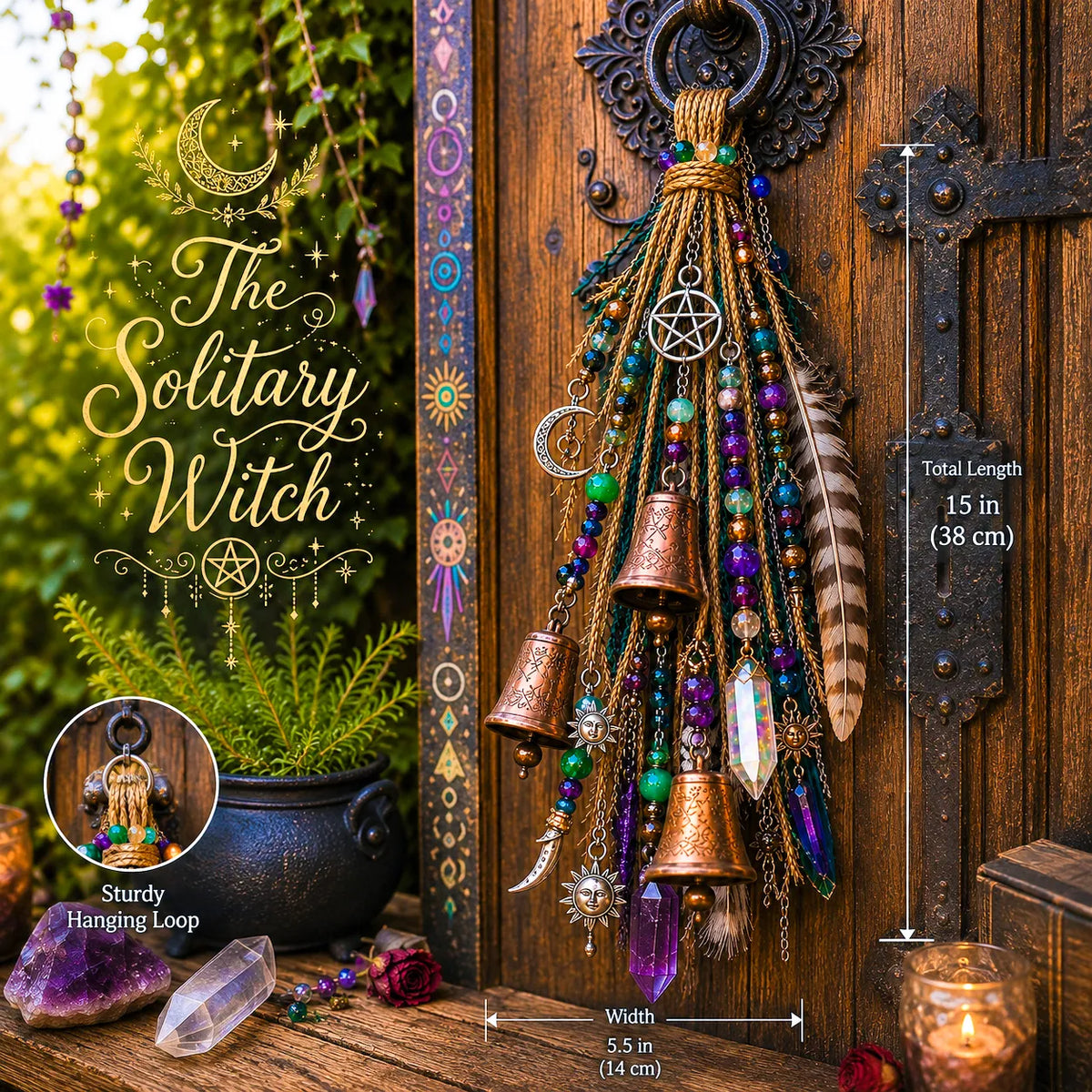 🌙 Witchy Door Charm | Celestial Hanging Décor with Moons, Crystals, Beads, Feathers & Vintage Bells for Doors, Reading Nooks & Witchy Home Spaces 🔮