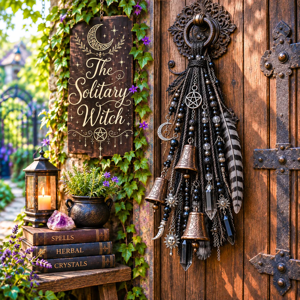 🌙 Witchy Door Charm | Celestial Hanging Décor with Moons, Crystals, Beads, Feathers & Vintage Bells for Doors, Reading Nooks & Witchy Home Spaces 🔮
