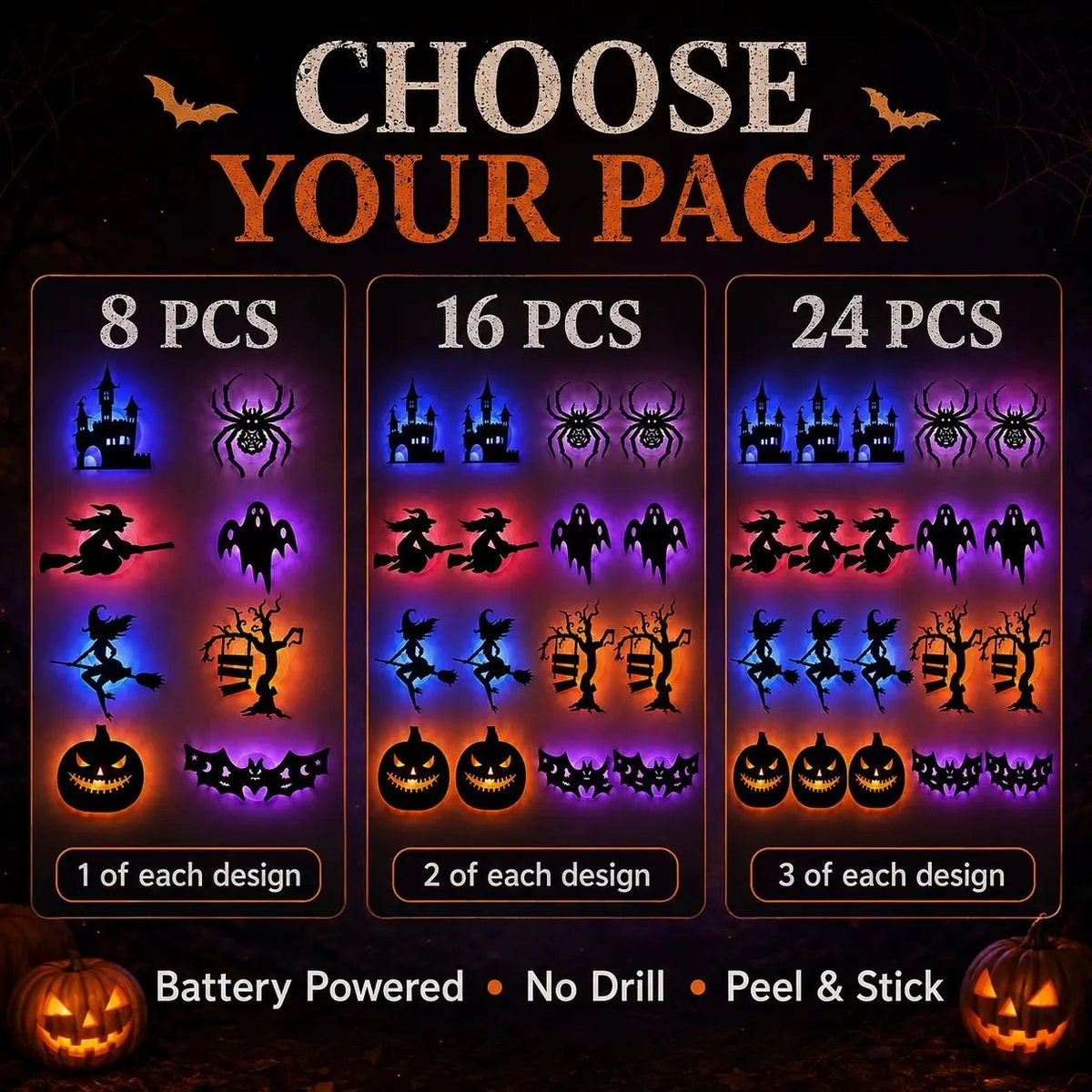 🔥50% OFF - 🎃8 Pack Halloween LED Silhouette Wall Light Stickers, Battery Powered Peel & Stick Decor Lights