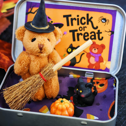 🎃🧸Cute Halloween Teddy Bear in a Box with Witcher Miniature, Blanket, Broom, Pumpkin & Cat🌟👻
