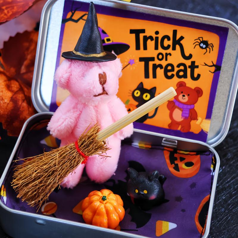 🎃🧸Cute Halloween Teddy Bear in a Box with Witcher Miniature, Blanket, Broom, Pumpkin & Cat🌟👻