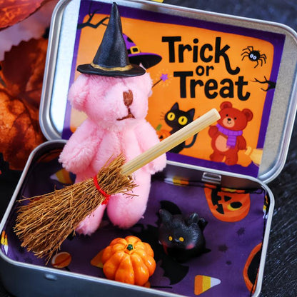 🎃🧸Cute Halloween Teddy Bear in a Box with Witcher Miniature, Blanket, Broom, Pumpkin & Cat🌟👻