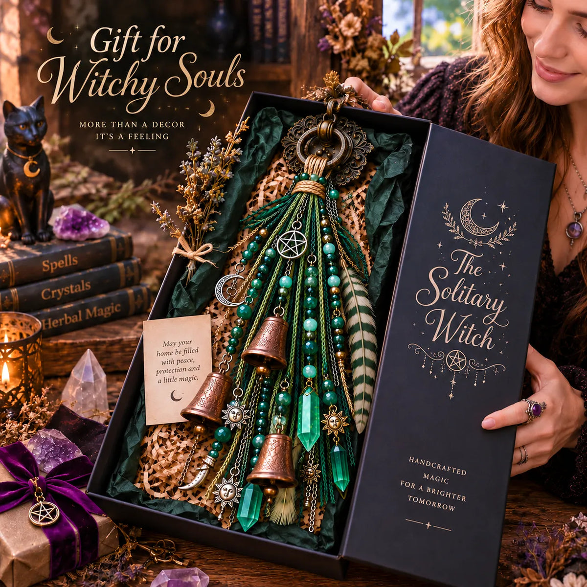 🌙 Witchy Door Charm | Celestial Hanging Décor with Moons, Crystals, Beads, Feathers & Vintage Bells for Doors, Reading Nooks & Witchy Home Spaces 🔮