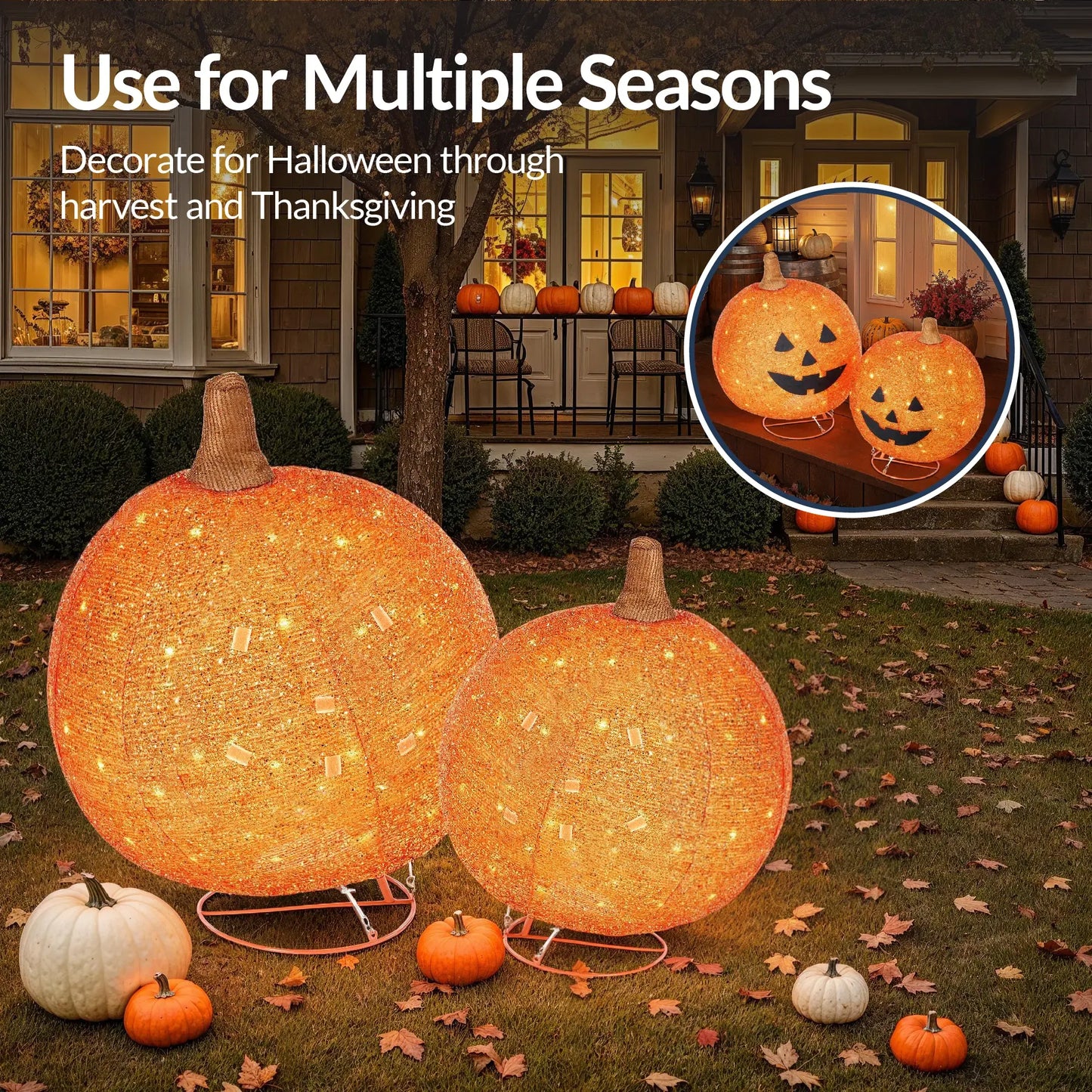 2pc Lighted Pop-Up Outdoor Halloween Pumpkin Set, Fall Holiday Decoration w/ 130 LED Lights, 8 Light Functions