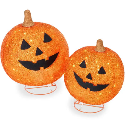 2pc Lighted Pop-Up Outdoor Halloween Pumpkin Set, Fall Holiday Decoration w/ 130 LED Lights, 8 Light Functions