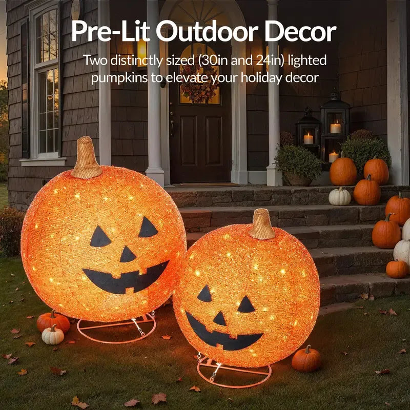 2pc Lighted Pop-Up Outdoor Halloween Pumpkin Set, Fall Holiday Decoration w/ 130 LED Lights, 8 Light Functions