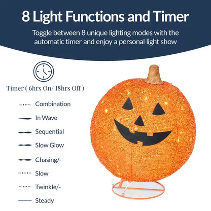 2pc Lighted Pop-Up Outdoor Halloween Pumpkin Set, Fall Holiday Decoration w/ 130 LED Lights, 8 Light Functions
