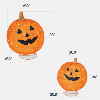 2pc Lighted Pop-Up Outdoor Halloween Pumpkin Set, Fall Holiday Decoration w/ 130 LED Lights, 8 Light Functions