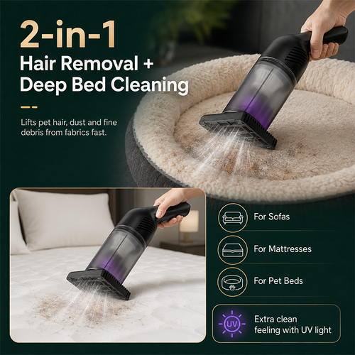 🥳2026 HOT SALE🥳💞50K+ SOLD!🛏️✨ 50% OFF! Handheld Cordless Mattress Vacuum – 15000Pa suction + UV light kills mites & allergens. Deep clean sofas & car seats too – healthier sleep starts here! 🧼💪